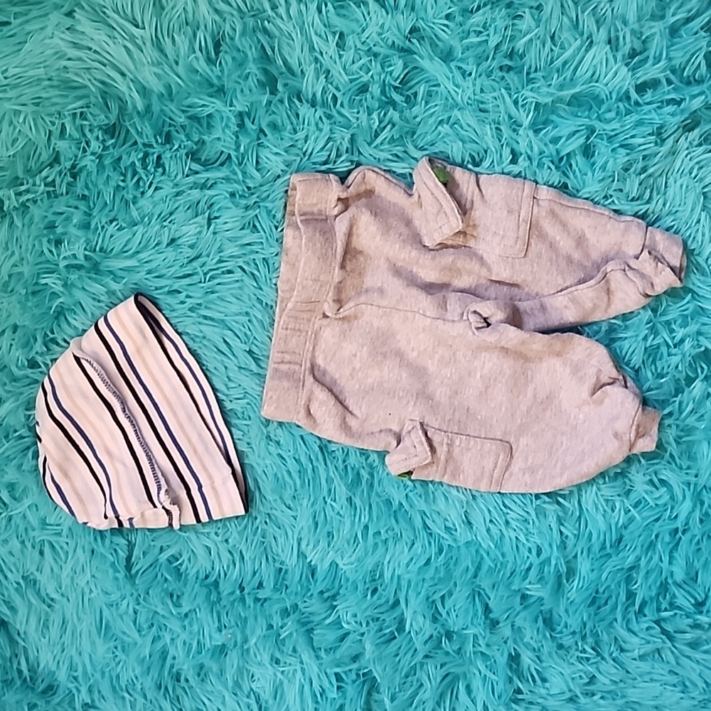 Carter's gray and green 0-3 month sweatpants with free 0-9 month infant hat